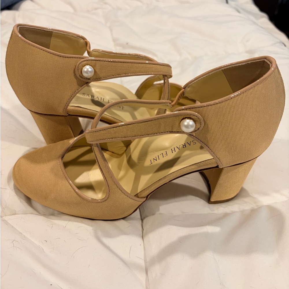 Sarah Flint Tan Pearl-Strap Mid Heel Pumps